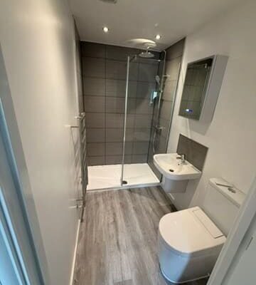grey shower room with toilet and sink